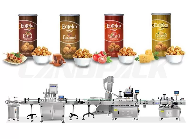 Full Automatic Cans Sealing Capping And Lebaling Line For Popcorn