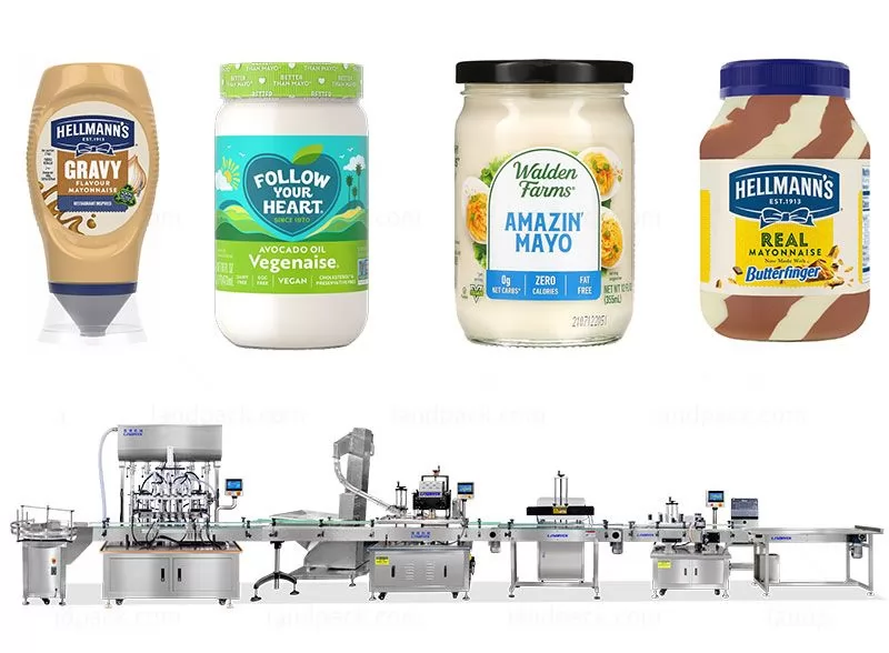 Automatic 6 Heads Pistons Mayonnaise Bottle Filling Capping And Labeling Line